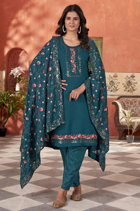 Teal Blue Embroidery Georgette Stitched Suit NCSS11111272