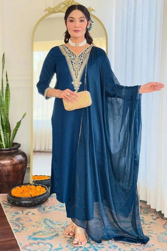 Teal Blue Embroidery Rayon Stitched Suit NCSS11111314