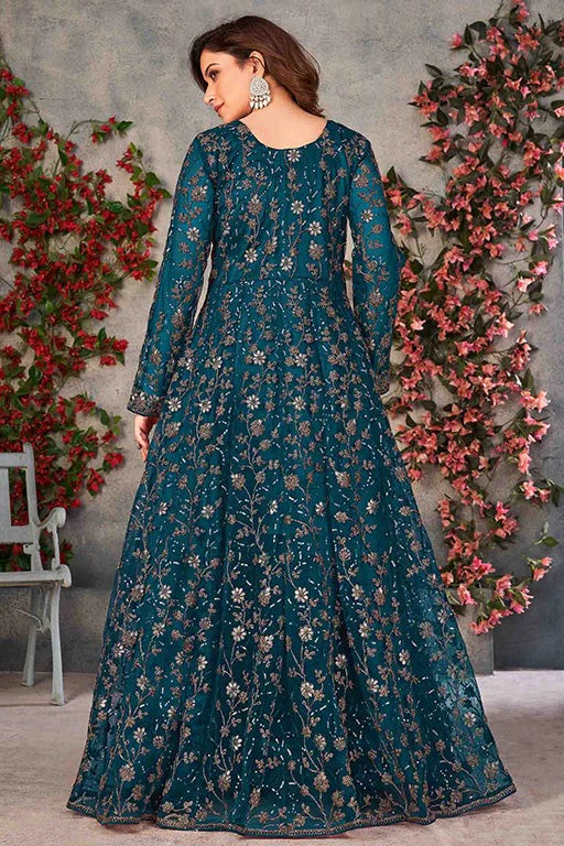 Teal Blue Net Semi Stitched Pant Style Suit NCSM10510387