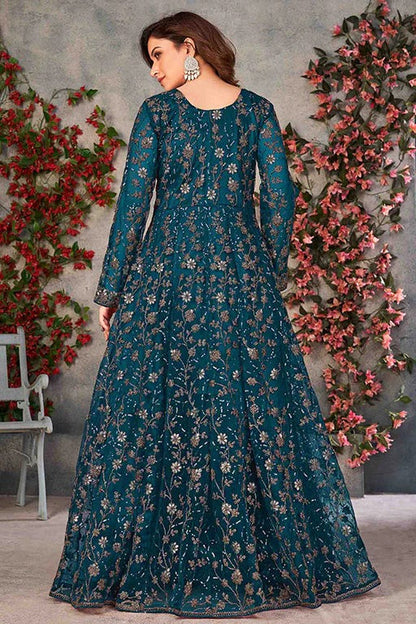 Teal Blue Net Semi Stitched Pant Style Suit NCSM10510387