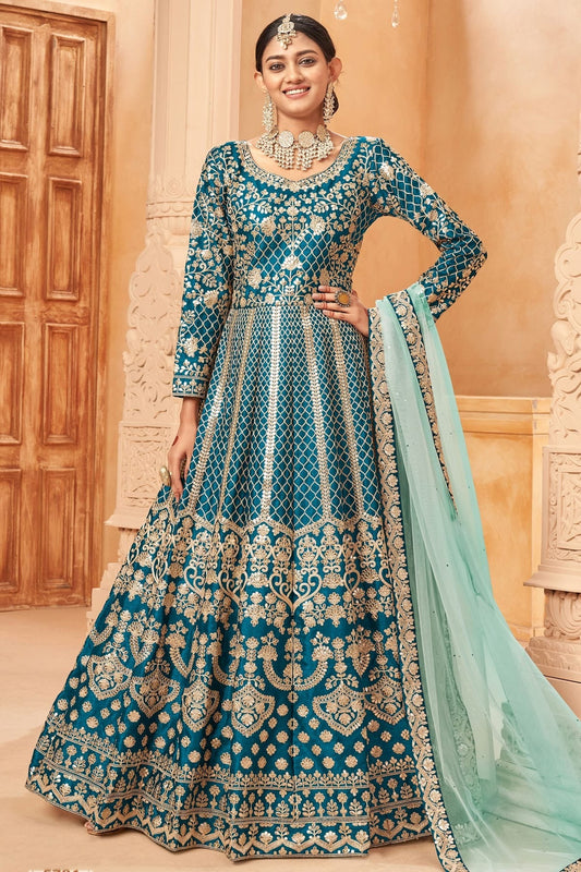Teal Blue Semi Stitched Art Silk Anarkali Suit NCSM10510306
