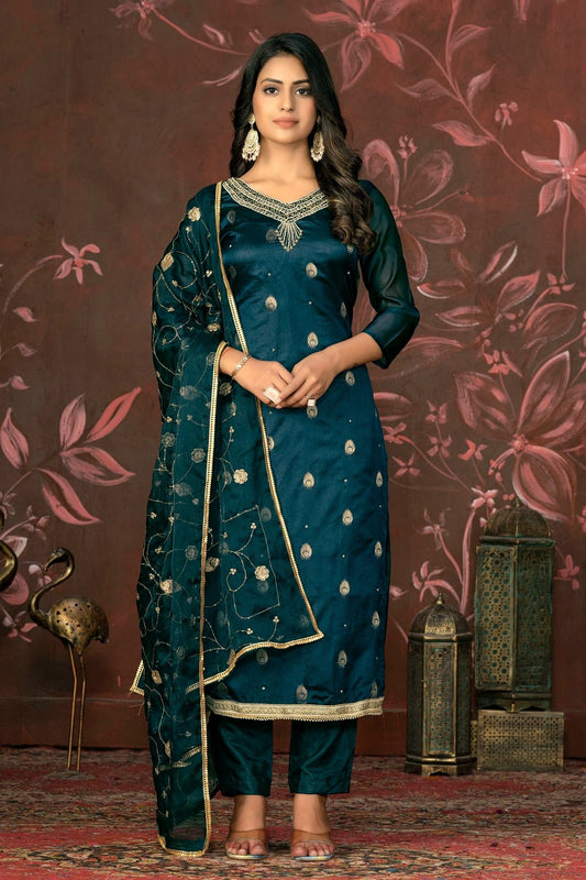 Teal Blue Unstitched Organza Jacquard Straight Suit NCUS11610139