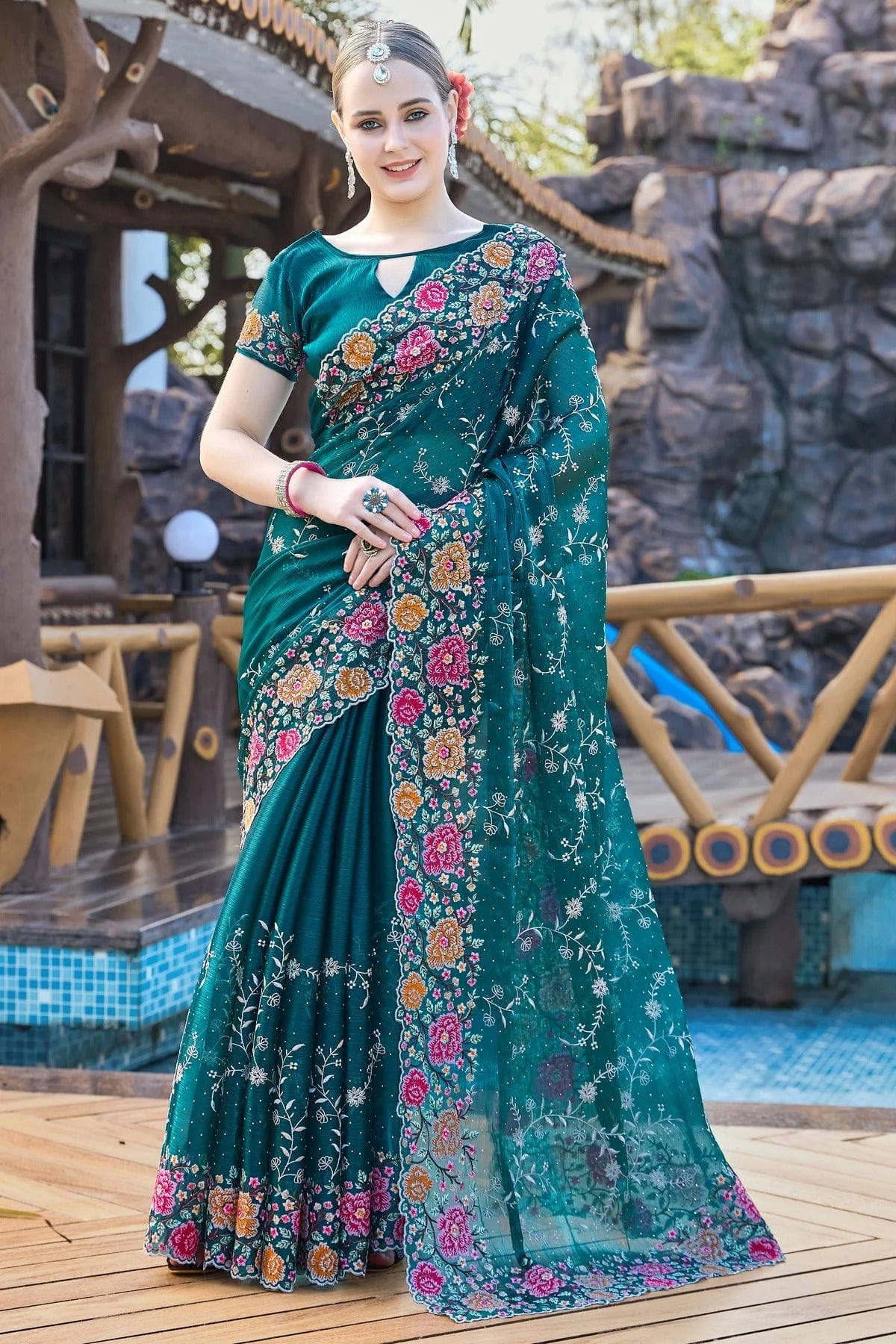 Teal Burberry Silk Designer Saree NCSD11210246