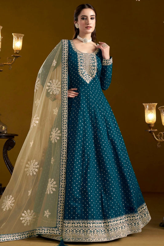 Teal Chanderi Butti Semi Stitched Anarkali Suit NCSM10510160