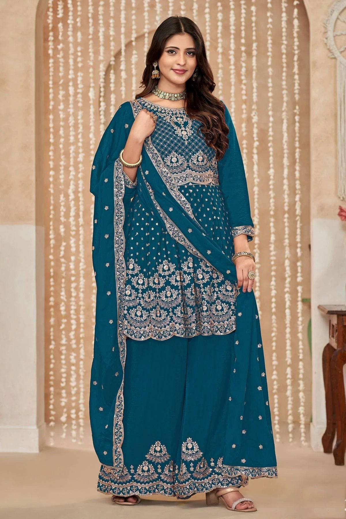 Teal Chinon Palazzo Pant Suit NCSM10510198