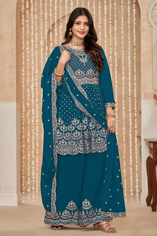 Teal Chinon Palazzo Pant Suit NCSM10510198