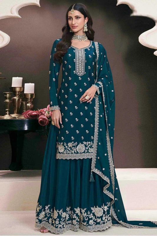 Teal Chinon Palazzo Pant Suit NCSM11410101