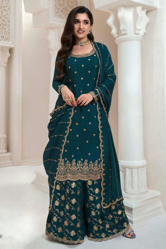 Teal Chinon Palazzo Pant Suit NCSM11410365