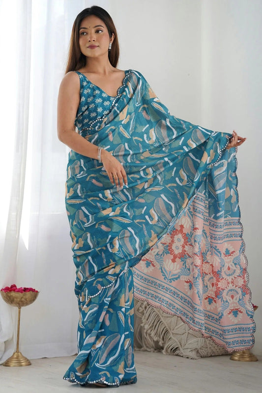 Teal Chinon Printed Saree NCSD11111555