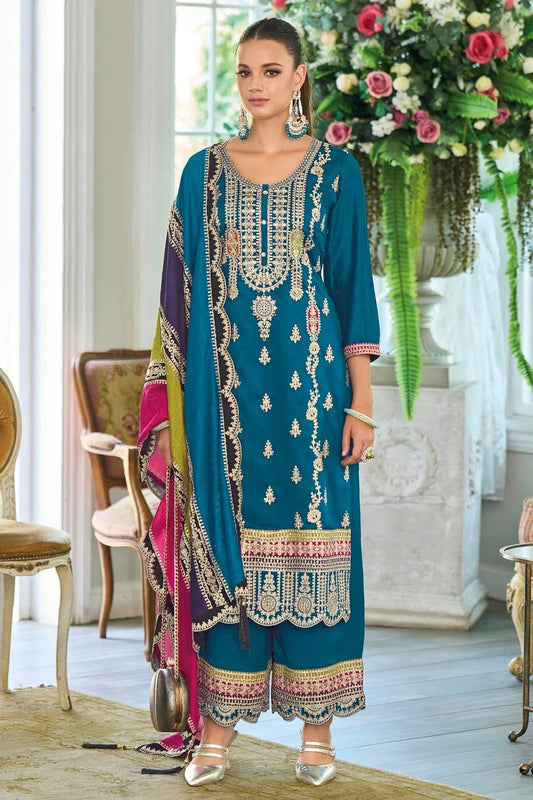 Teal Chinon Silk Pakistani Suit NCSM11410377