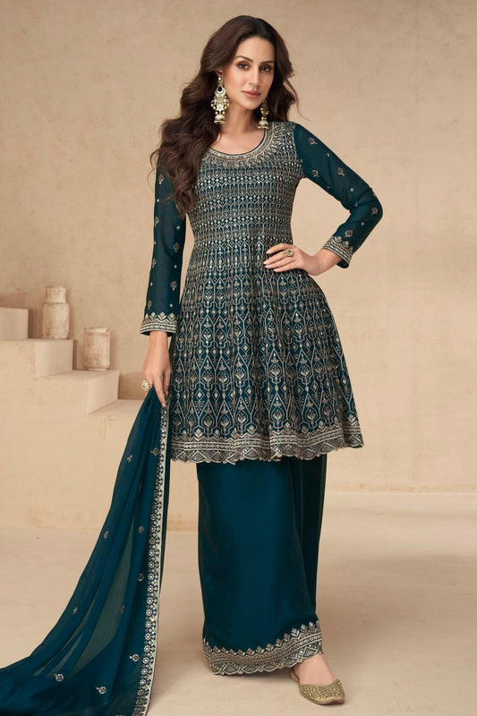 Teal Chinon Silk Palazzo Pant Suit NCSM11410400
