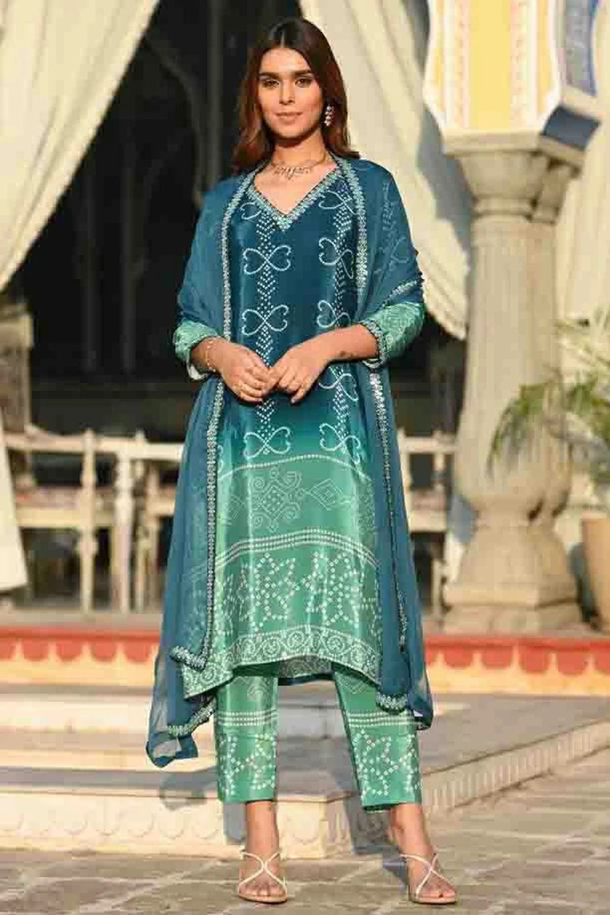 Teal Chinon Silk Stitched Pant Style Suit NCSS11410278