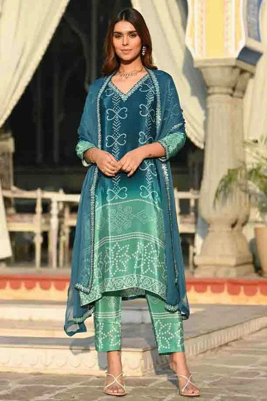 Teal Chinon Silk Stitched Pant Style Suit NCSS11410278