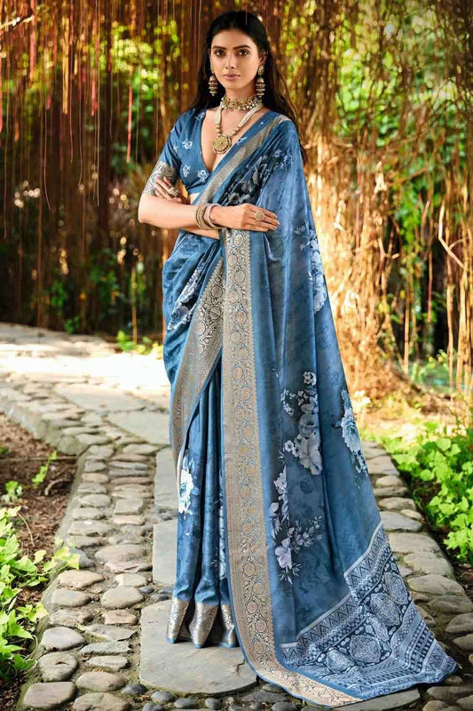 Teal Cotton Silk Digital Floral Printed Saree NCSD11110246