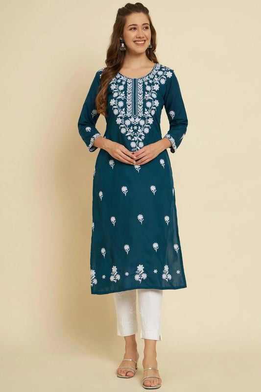 Teal Cotton Slub Kurti NCKR11112175