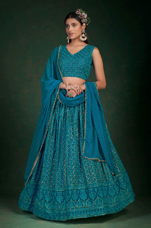 Teal Embroidery Georgette Lehenga Choli NCLD10810259