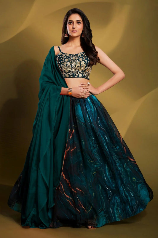 Teal Embroidery Organza Lehenga Choli NCLD10810350