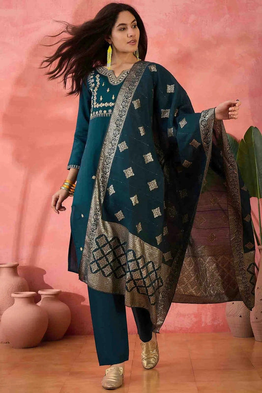 Teal Embroidery Roman Silk Pant Style Suit NCSS11110484