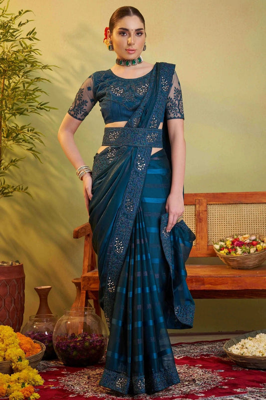 Teal Embroidery Satin Patta Designer Saree NCSD11110627