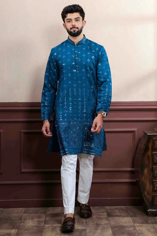 Teal Embroidery Viscose Kurta Pajama NCKP11110569