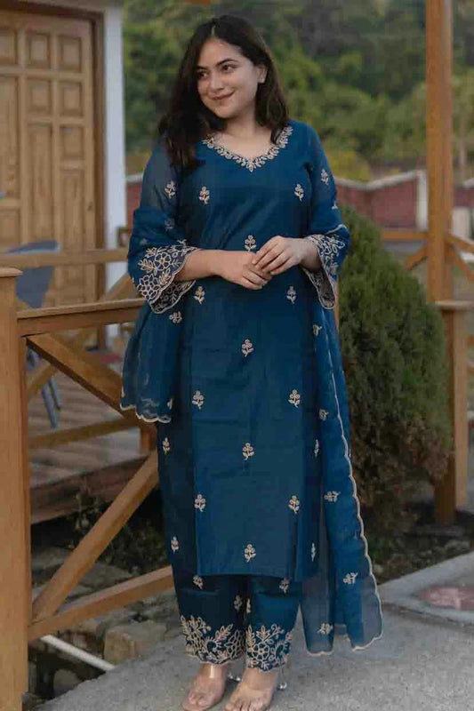 Teal Embroidery Viscose Silk Pant Style Suit NCSS11110507