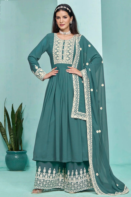 Teal Faux Georgette Palazzo Pant Suit NCSM10510216