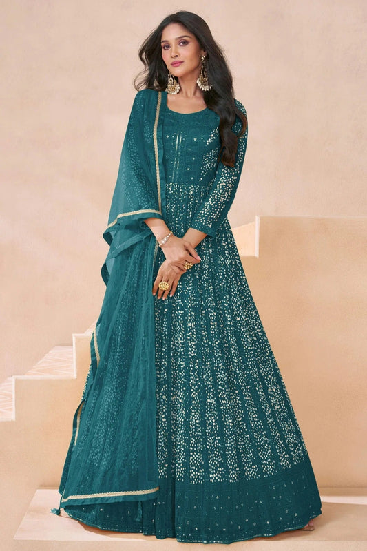 Teal Faux Georgette Semi Stitched Anarkali Suit NCSM11410436