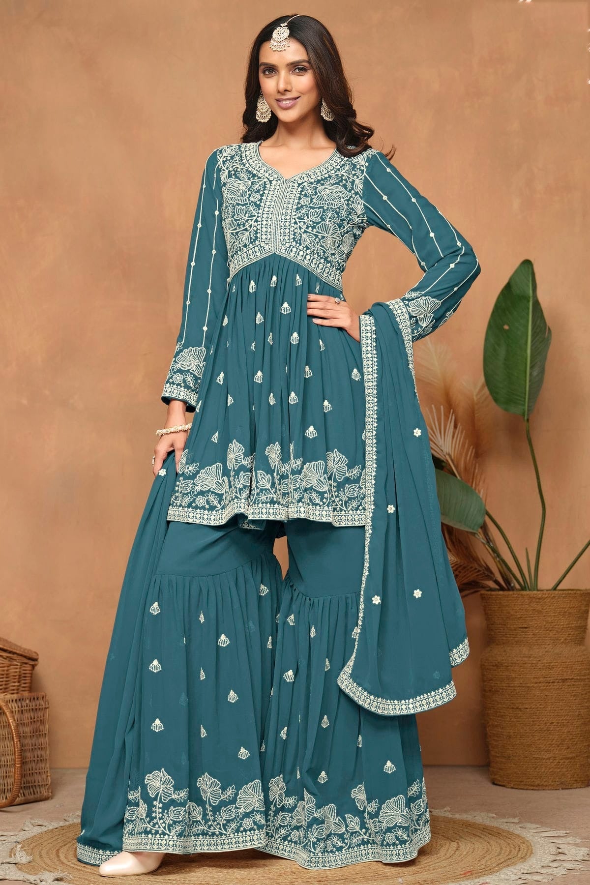 Teal Faux Georgette Sharara Suit NCSM10510221