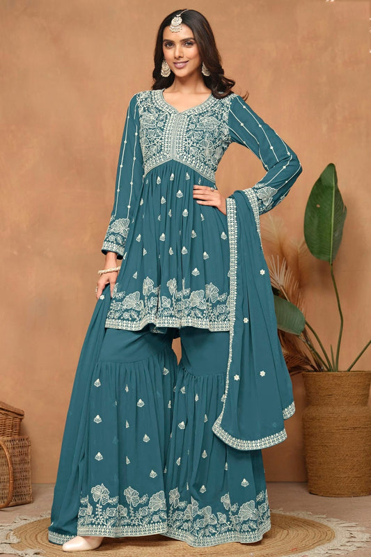 Teal Faux Georgette Sharara Suit NCSM10510221