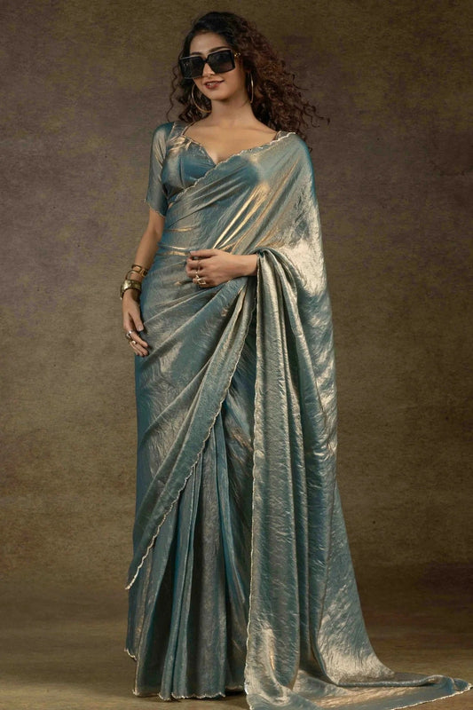 Teal Fendi Satin Silk Ready To Wear Saree NCSD11210130