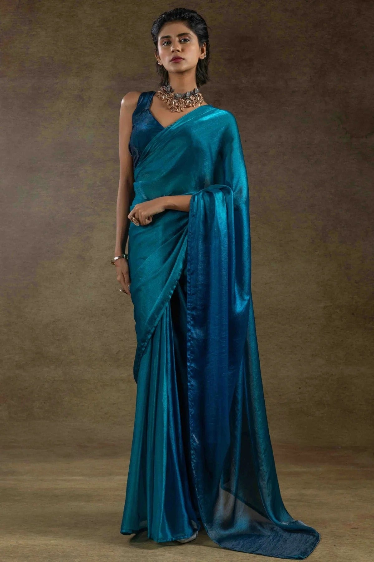 Teal Fendi Satin Silk Ready To Wear Saree NCSD11210135