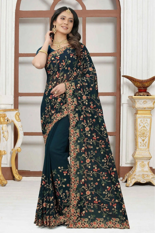 Teal Georgette Embroidery Saree NCSD10910636