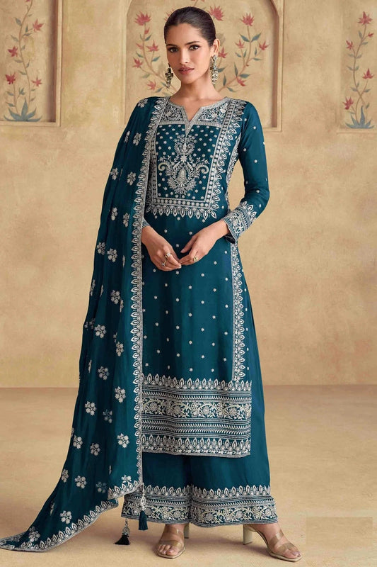 Teal Georgette Palazzo Pant Suit NCSM11110889