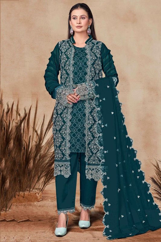 Teal Georgette Pant Style Suit NCSM11410163