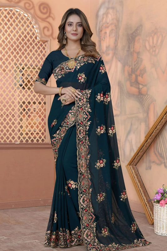 Teal Georgette Saree NCSD10910344