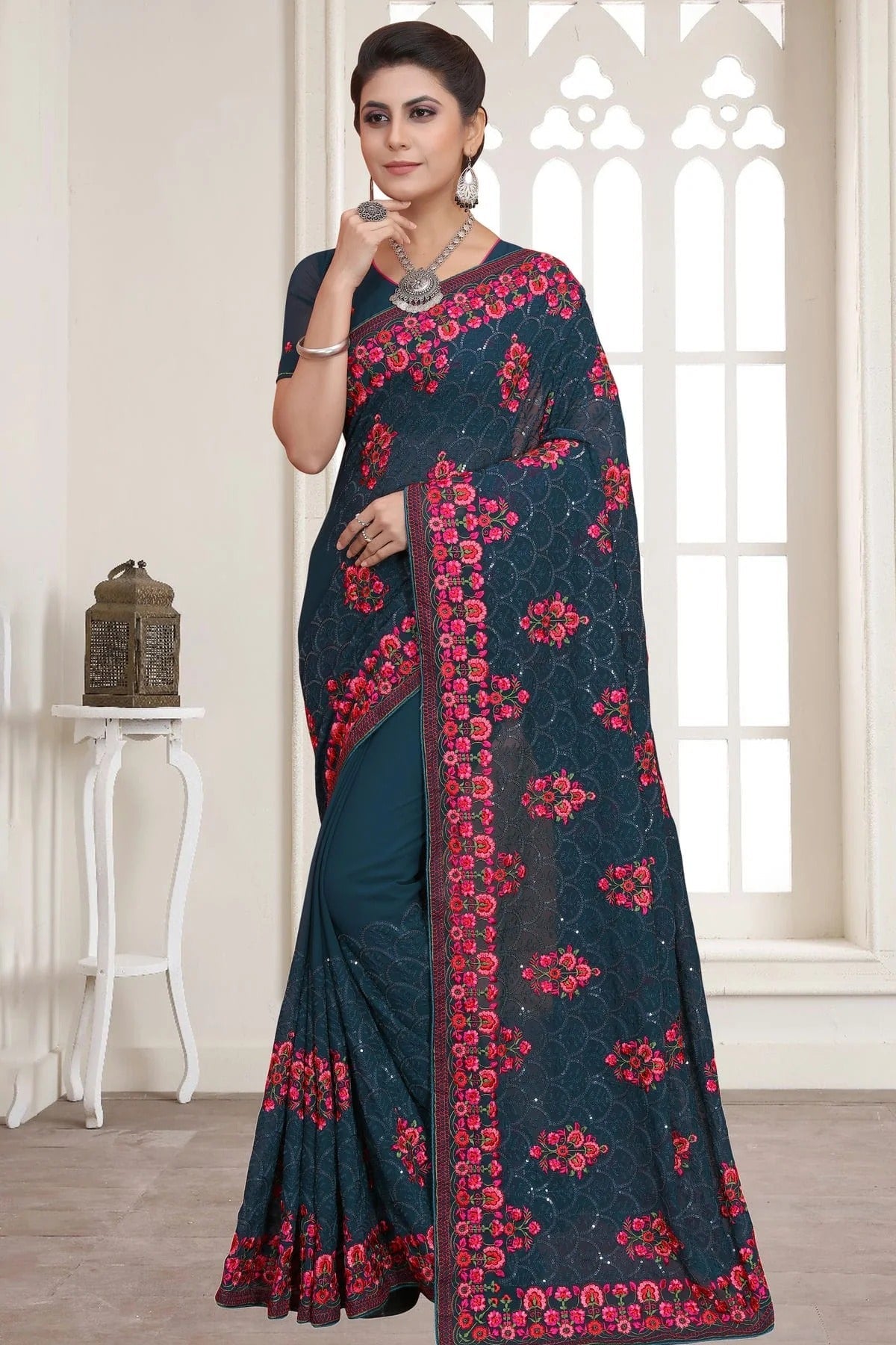 Teal Georgette Saree NCSD10910419
