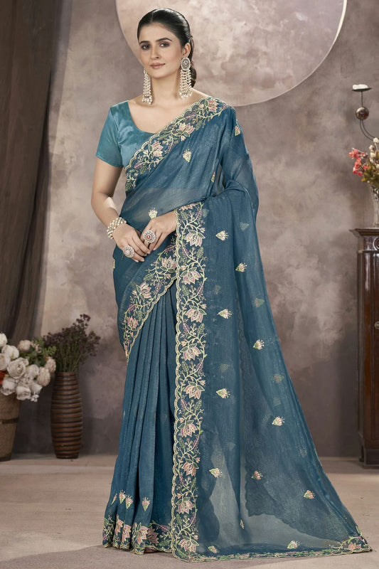 Teal Gold Crunchy Designer Saree NCSD11111217