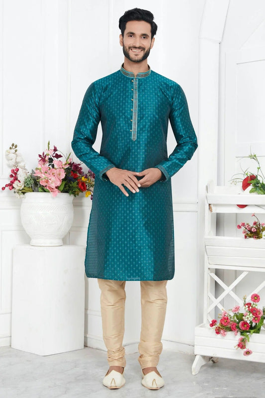 Teal Green Jacquard Silk Brocade Kurta Pajama NCKP12310159