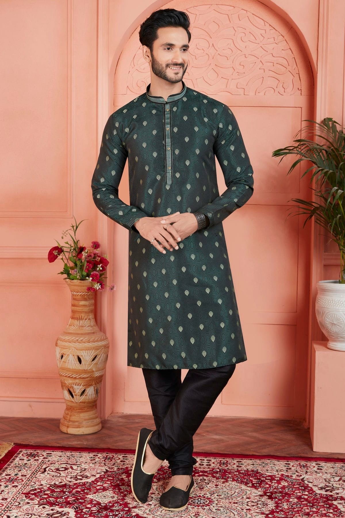 Teal Jacquard Silk Brocade Kurta Pajama NCKP12310136