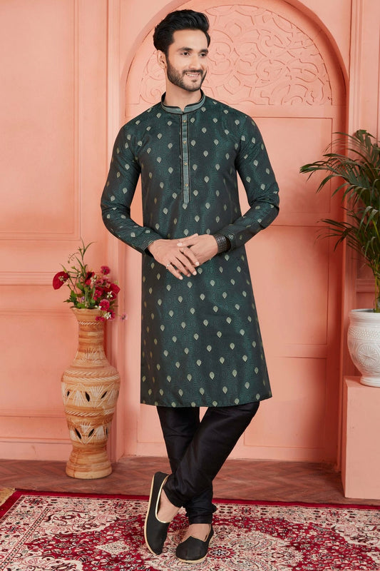 Teal Jacquard Silk Brocade Kurta Pajama NCKP12310136