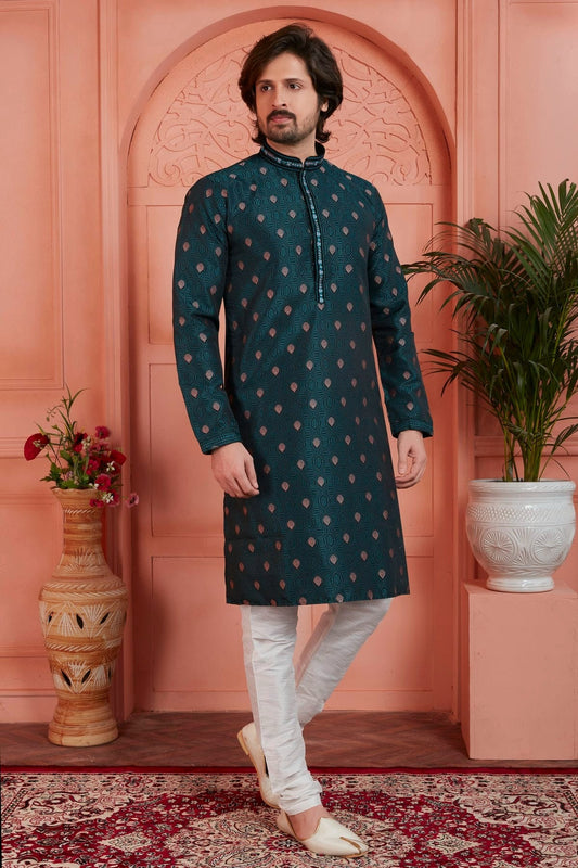 Teal Jacquard Silk Brocade Kurta Pajama NCKP12310137