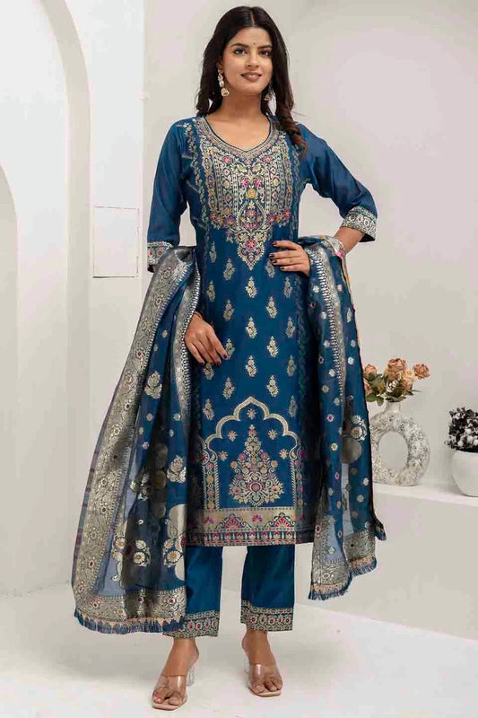 Teal Jacquard Silk Woven and Hand Pant Style Suit NCSS11110321