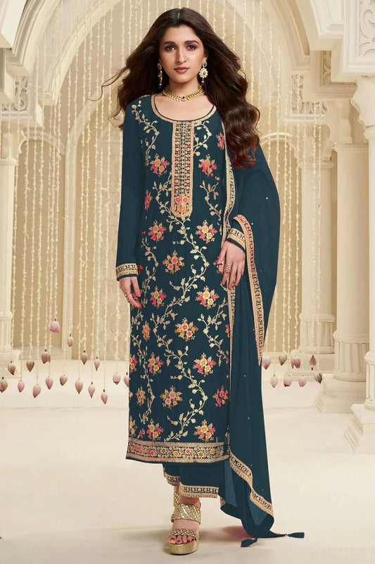 Teal Jacquard Viscose Straight Suit NCSM11410387