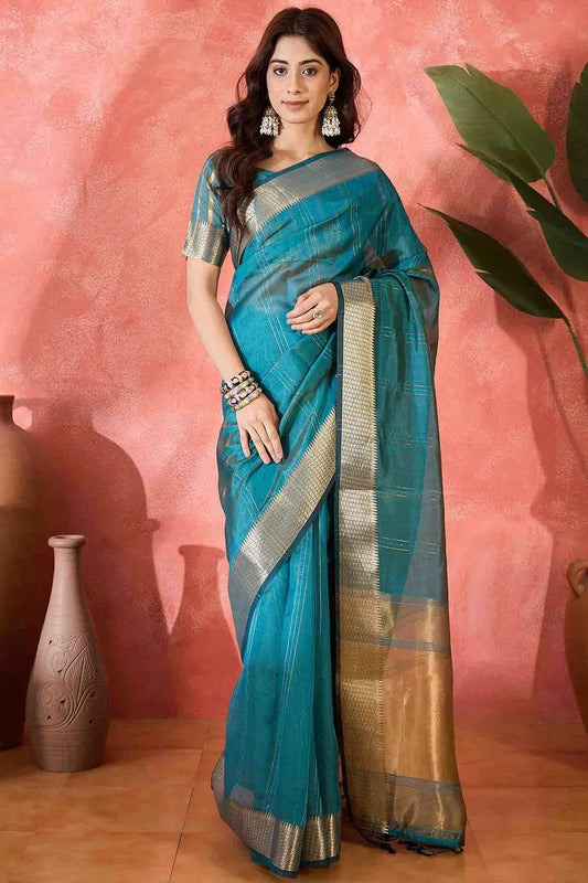 Teal Khadi Organza Traditional Saree NCSD11110105
