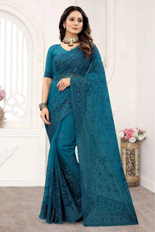 Teal Net Designer Saree NCSD10910604