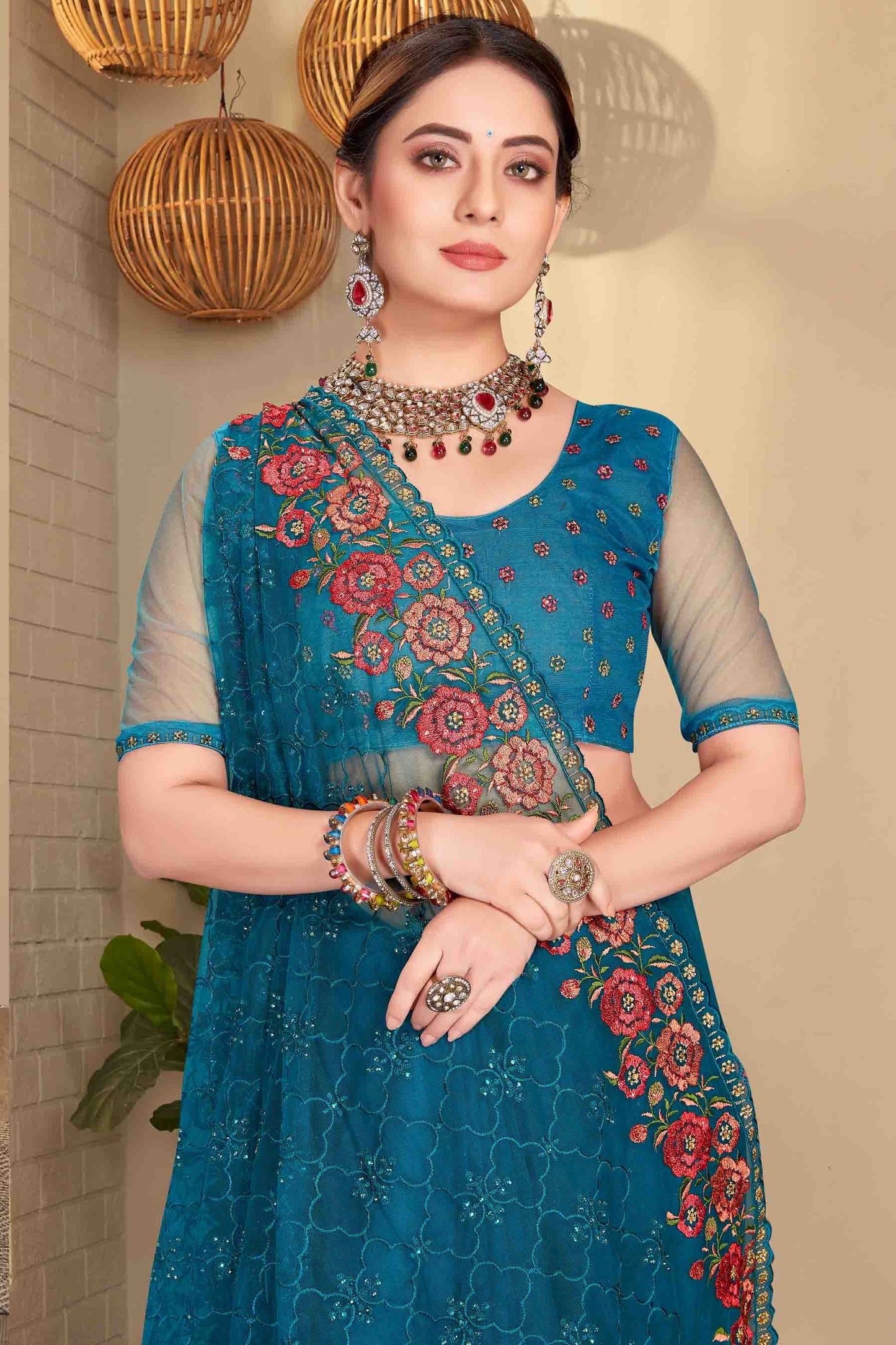 Teal Net Designer Saree NCSD10910760