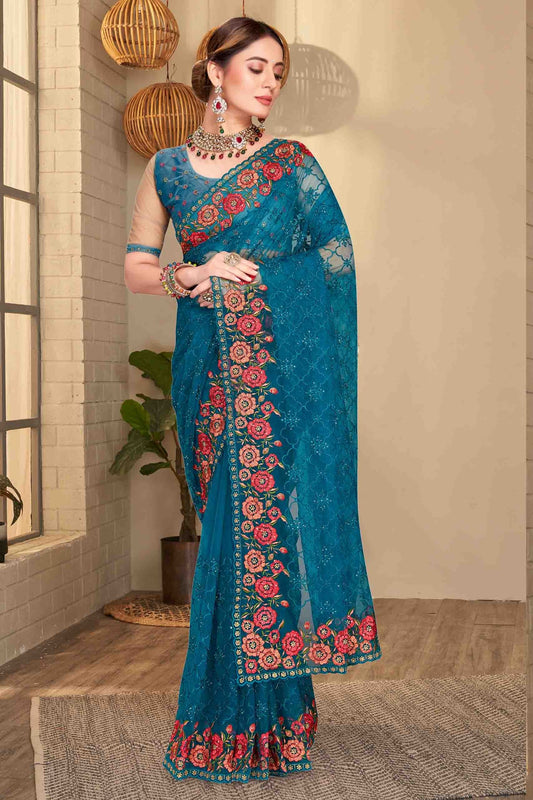 Teal Net Designer Saree NCSD10910760