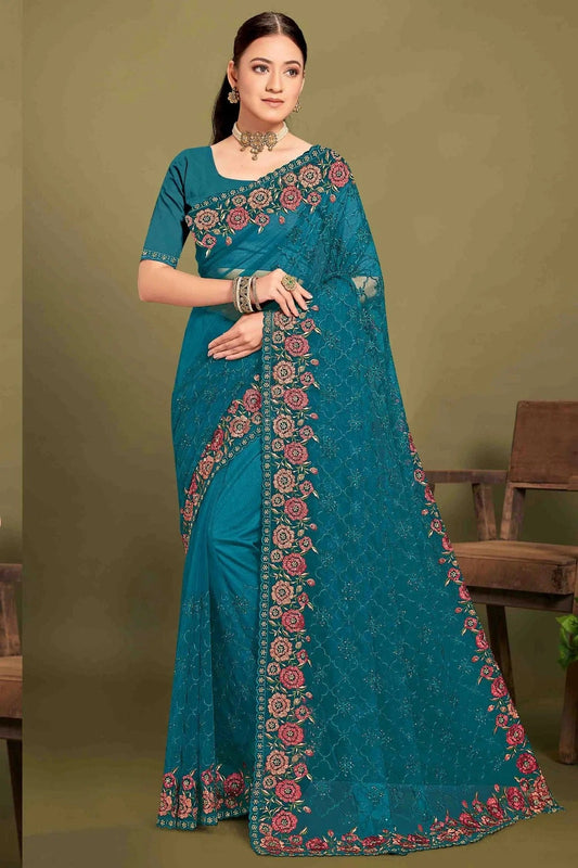 Teal Net Embroidery Designer Saree NCSD10910114