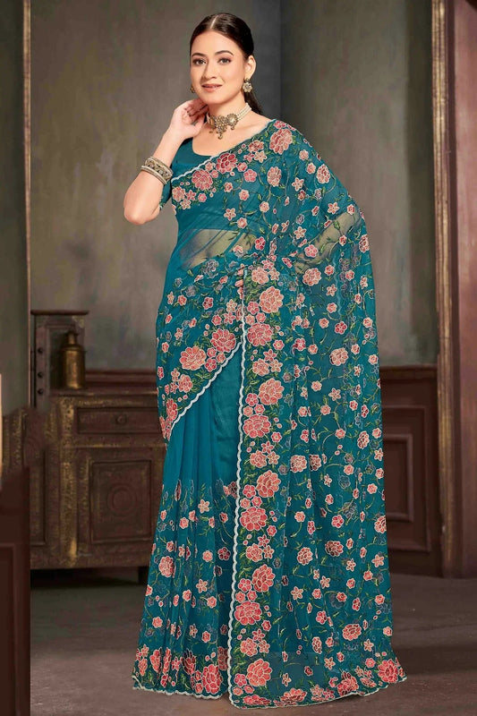 Teal Net Embroidery Designer Saree NCSD10910119