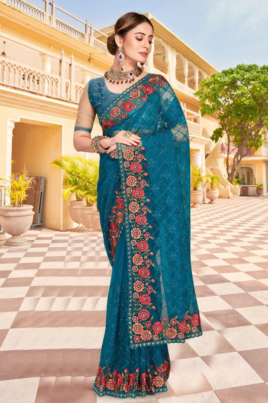 Teal Net Saree NCSD10910424